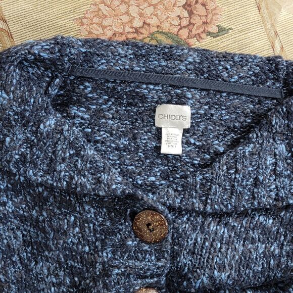 Chicos Cardigan Sweater Vest 1 Womens Medium Blue Black Wool Blend Knit Tunic - Picture 9 of 11